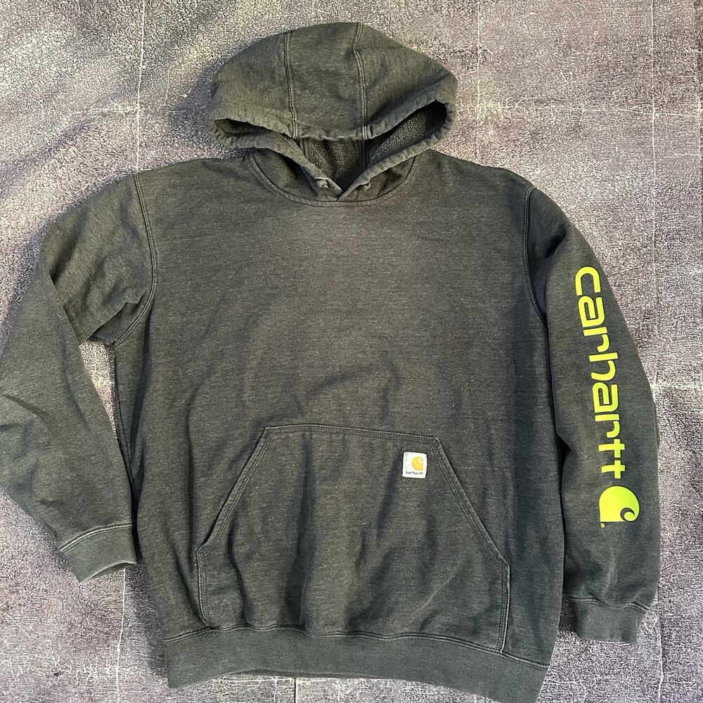 Men's Carhartt Dark Heather Gray Sleeve Spell Out Work Hoodie Sweatshirt Sz L